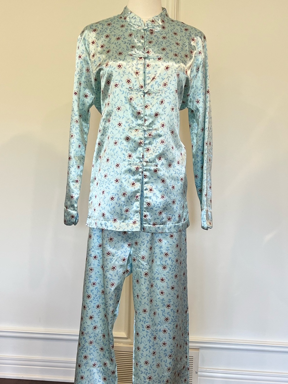 Vintage Y2K Ice Blue Satin Floral Frog Closure Mandarin Collar Pajama Set M - Picture 3 of 7